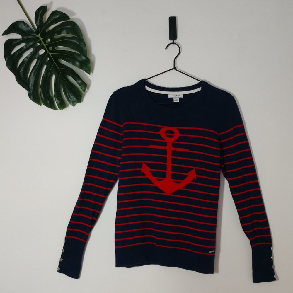 Nautica Navy and Red Striped Anchor Sweater M EUC